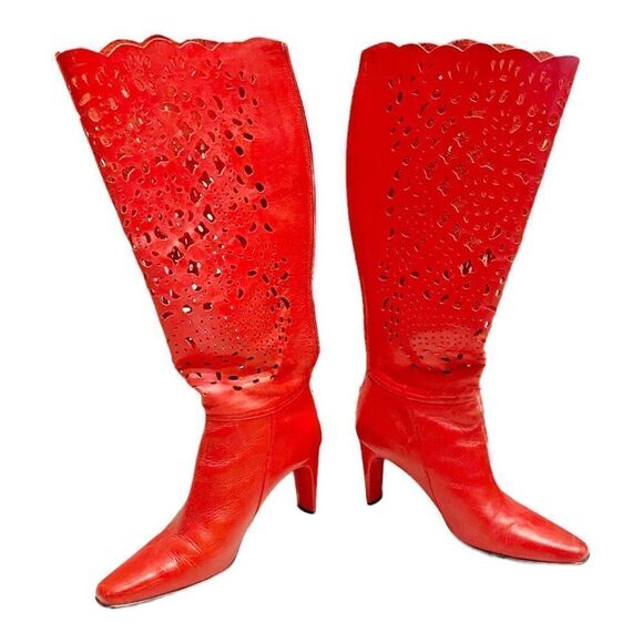 Red leather laser cut lace high boots 4”heel 6.5 Bellini fabulous color sexy - Picture 3 of 13